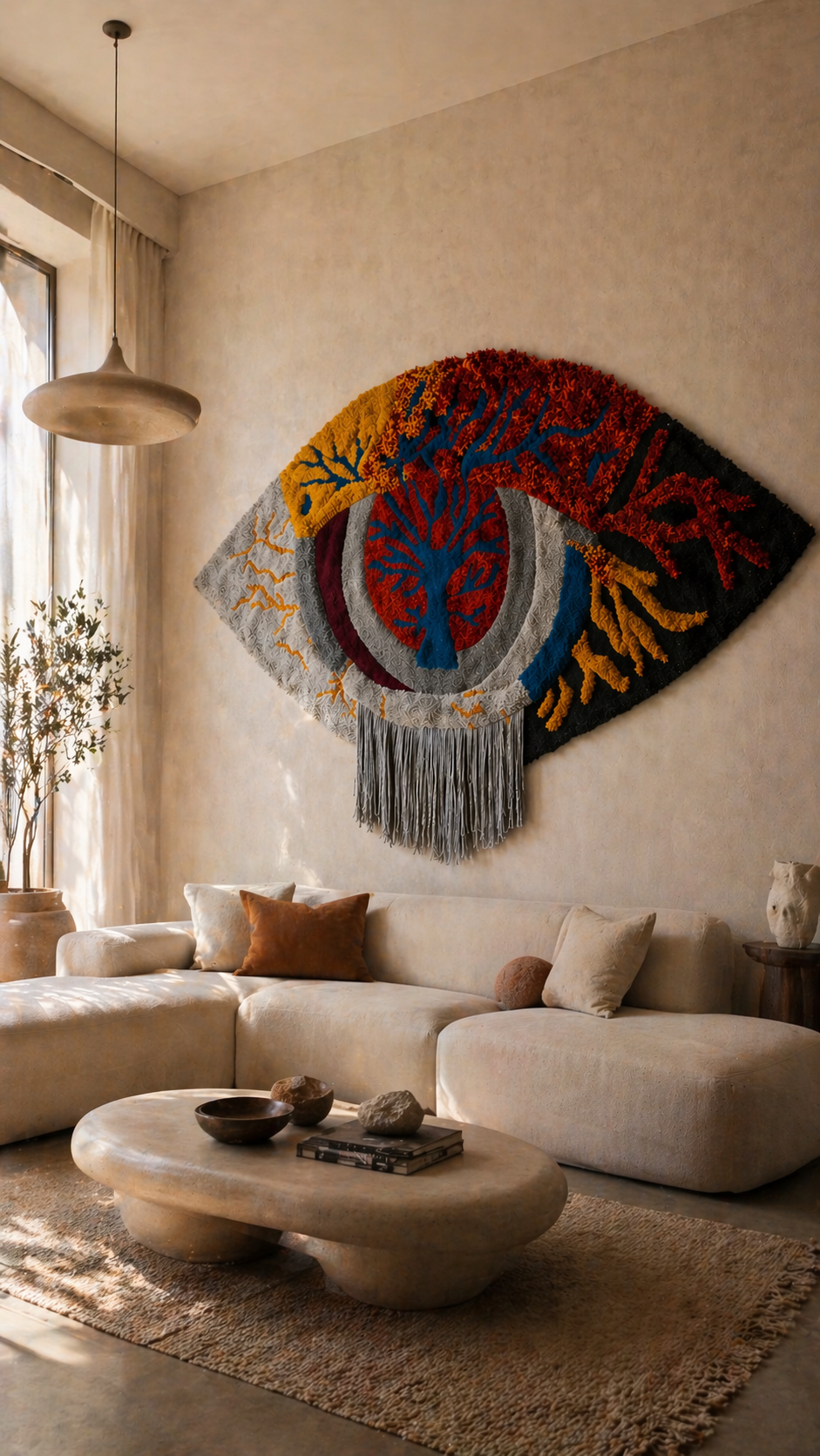 Œuvre murale en tufting "Ce qui circule", création textile contemporaine réalisée à la main par AKOU.