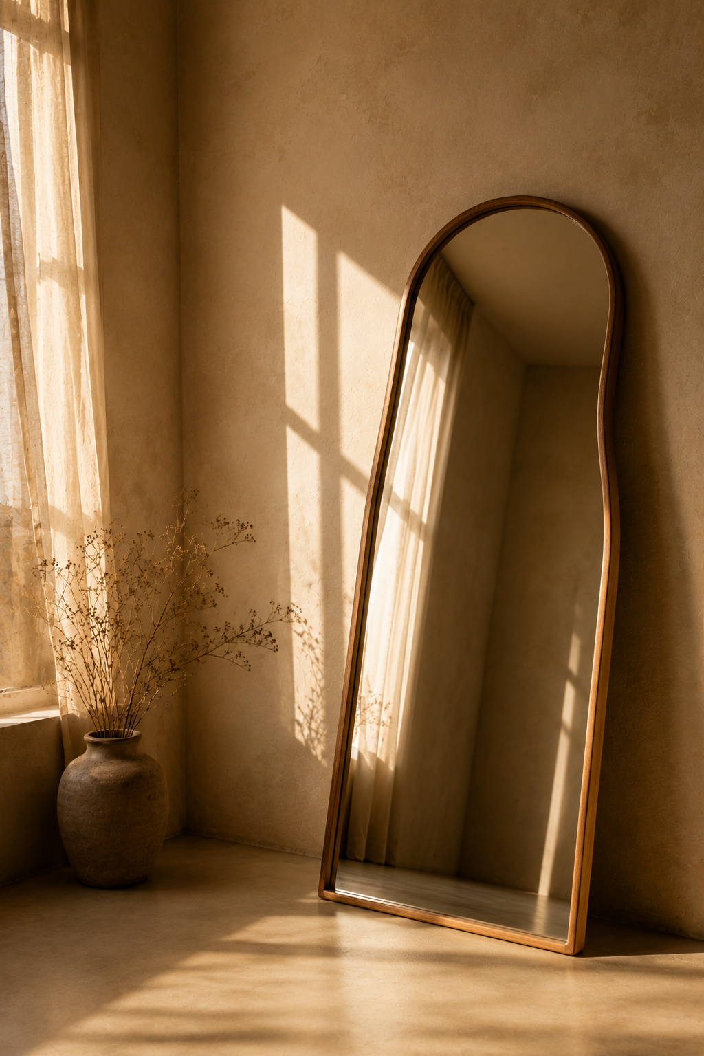 Grand miroir dans un intérieur minimaliste aux tons beiges, illustrant la réflexion sur la singularité et l'identité dans le Journal d'Akou – Pourquoi je refuse de reproduire une œuvre.
