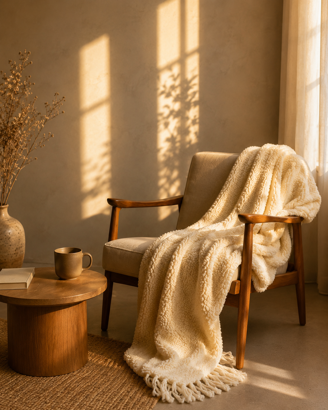 Fauteuil en bois avec un plaid en laine écru dans un intérieur baigné de lumière naturelle, évoquant la chaleur, le refuge et le confort.