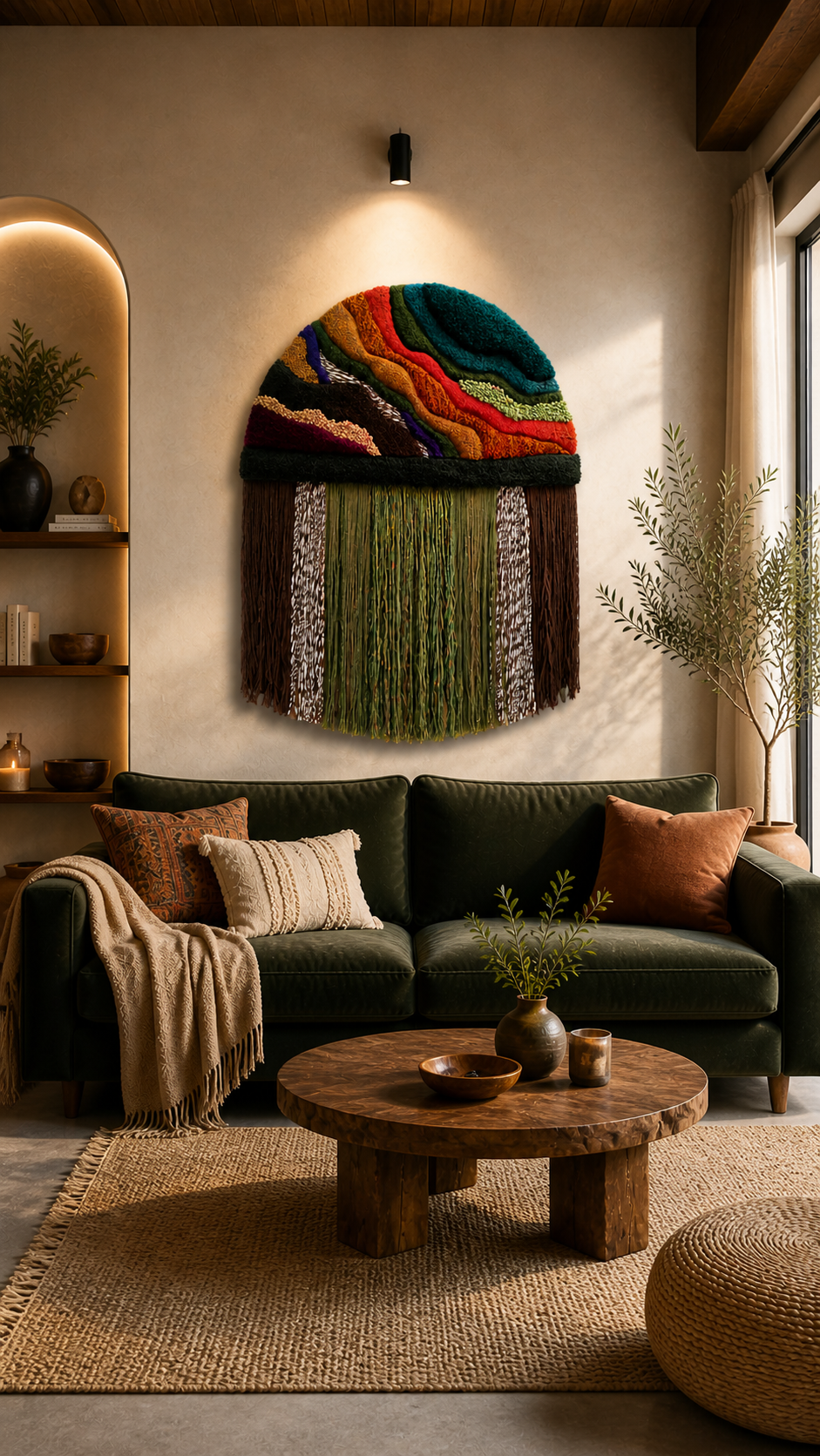 Œuvre murale en tufting "Femme en feu", création textile contemporaine réalisée à la main par AKOU Tufting