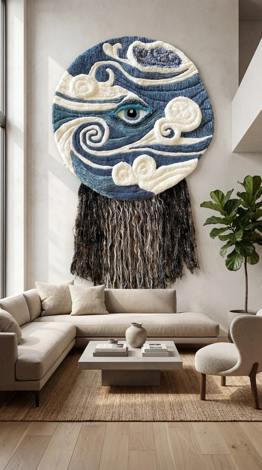 Œuvre murale en tufting "Le souffle que l"on oublie", création textile contemporaine réalisée à la main par AKOU Tufting.