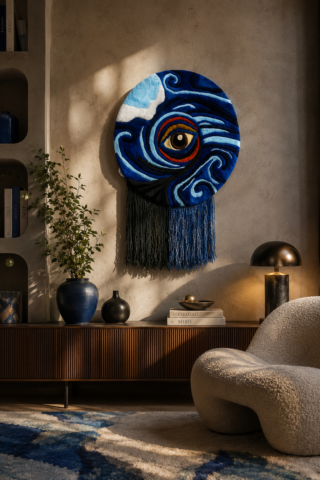 Œuvre textile contemporaine "Ce qui coule encore", réalisée à la main en tufting manuel, représentant un œil au cœur de vagues, installée dans un intérieur contemporain.