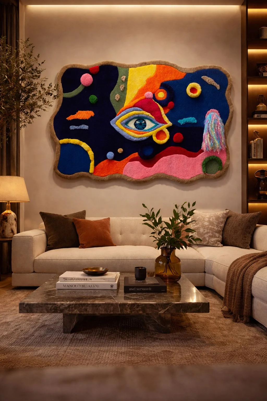 Œuvre textile contemporaine "Vision Émotionnelle", réalisée à la main en tufting manuel, installée au-dessus d'un canapé dans un salon contemporain.