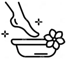 Fuß, der in eine Schüssel mit Wasser steckt, mit einer Blume daneben, im schwarzen und weißen Strichstil.