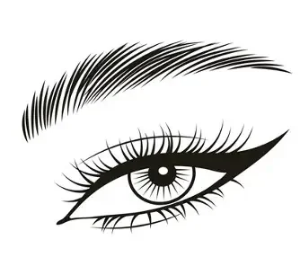 Zeichnung eines menschlichen Auges mit Eyeliner und Augenbraue in Schwarzweiß.