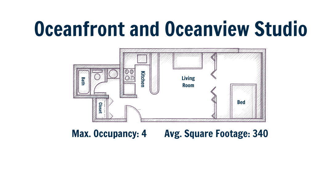 Floor plan of Oceanfront and Oceanview Studio resort room with a kitchen, bathroom, closet, living room, and bed, maximum occupancy 4, average 340 square feet.