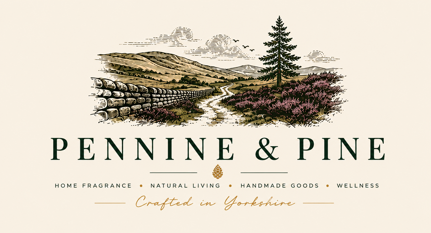 Logo for Pennine & Pine featuring a scenic outdoor landscape with rolling hills, a winding path, a tree, and purple bushes, with text indicating home fragrance, natural living, handmade goods, wellness, and that it is crafted in Yorkshire.