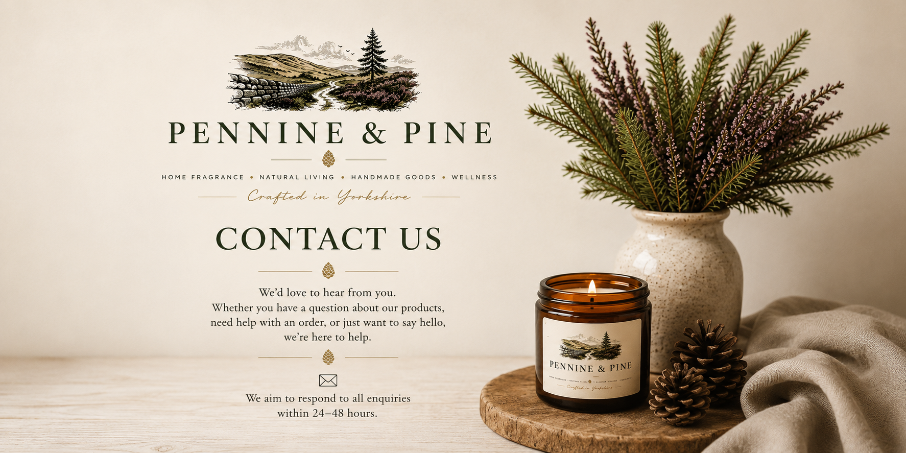 A contact page for Pennine & Pine, featuring a candle, pine branches in a vase, and pinecones on a wooden surface, with elegant text about products and inquiries.