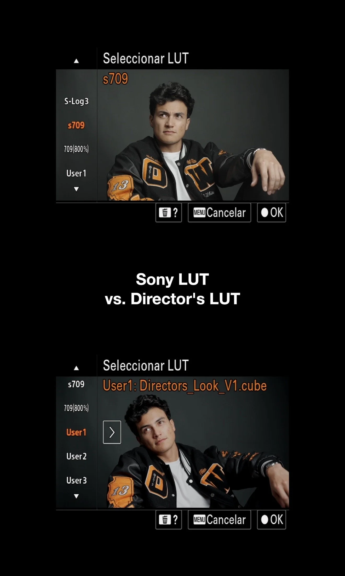 Pantalla de una cámara mostrando un menú para seleccionar zonas de color, con una foto de un joven con chaqueta negra con naranja, en una estructura que compara la representación de color de Sony LUT y el LUT del director.