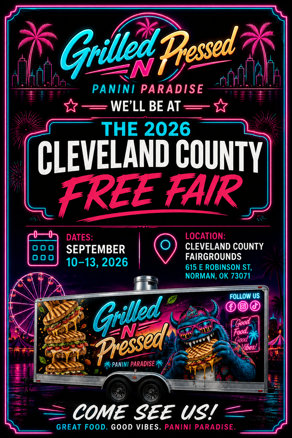 A neon sign advertisement for the 2026 Cleveland County Free Fair at the Cleveland County Fairgrounds in Norman, Oklahoma, featuring a food truck with the event name and dates, colorful fireworks, palm trees, and a city skyline background.