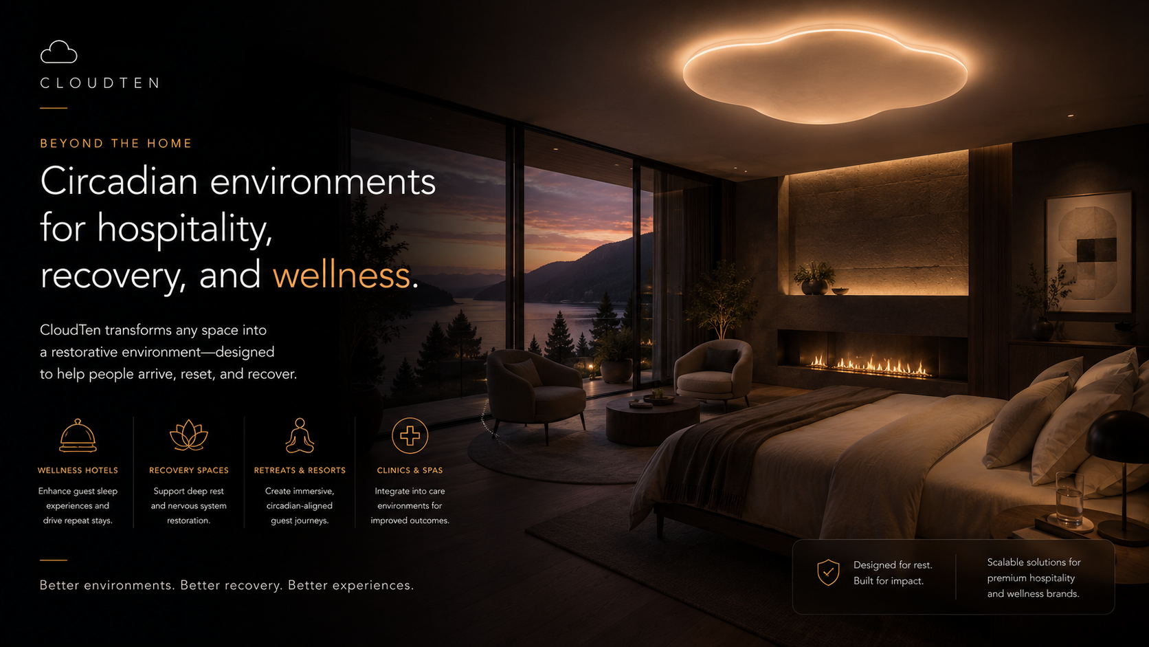 Luxury bedroom with large windows overlooking a scenic lake and mountains at sunset, featuring a modern fireplace, comfortable chairs, and soft lighting.