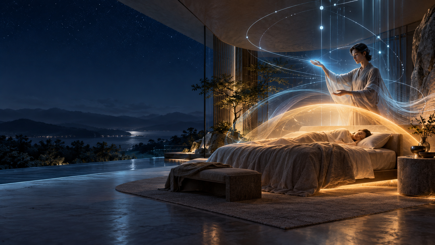 A bedroom with a large window overlooking a mountain and lake at night. An ethereal woman in robes appears above a sleeping person, surrounded by glowing, swirling digital light effects.