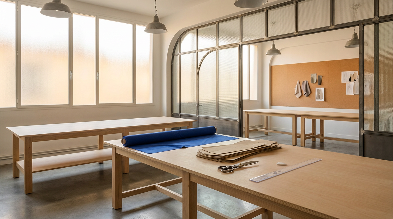 An architect's workspace with wooden tables, scissors, a ruler, and fabric swatches on the table. Large windows let in natural light. Glass partitions and hanging lights are in the background. Wall with fabric samples and sketches.