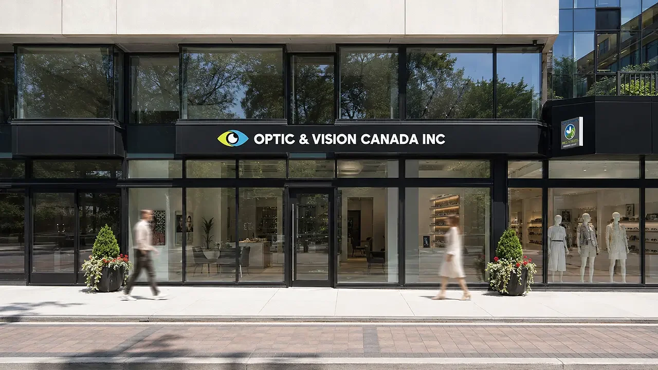 Exterior of a storefront with the sign 'Optic & Vision Canada Inc' on a black background; two potted plants with flowers are placed outside, with pedestrians walking by.