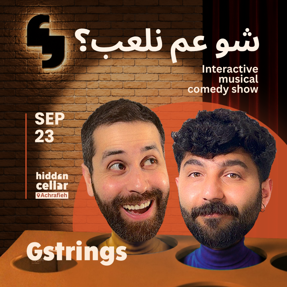 Poster for an interactive musical comedy show featuring Gstrings with oversized heads, one with a beard and the other with curly hair and a beard, emerging from holes in a game. The show is happening on September 23 at hidden cellar.