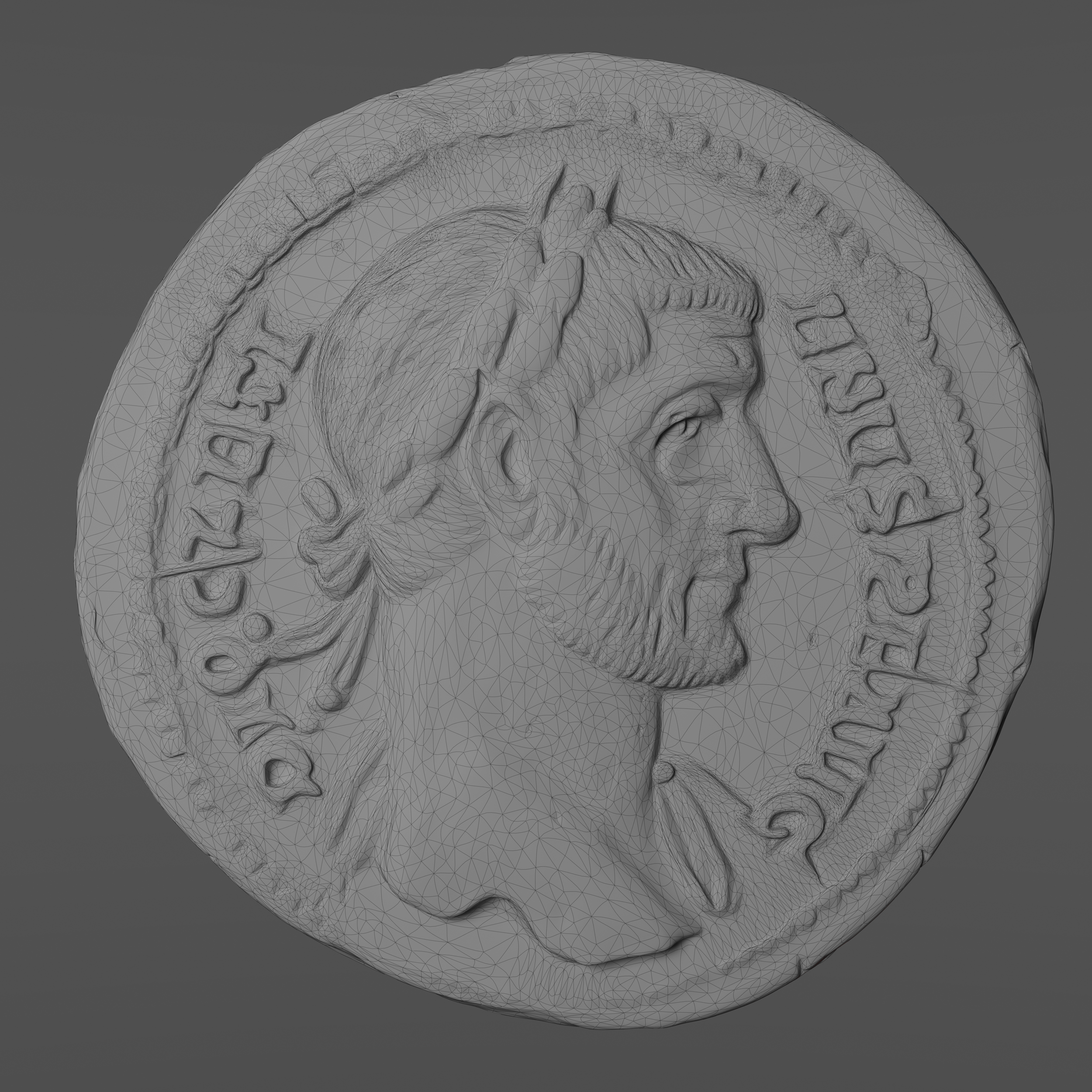Wire frame 3D model of a coin with an Emperor's profile in the center and text describing providence around the edging