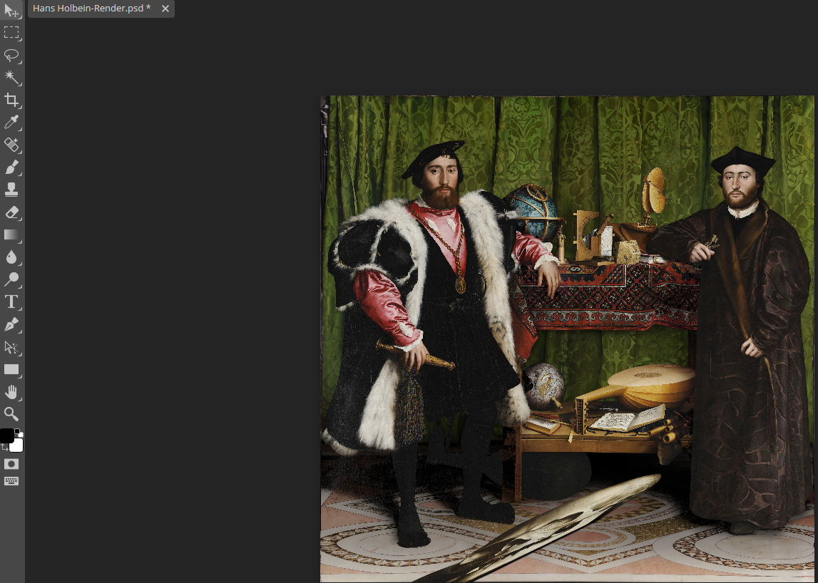 Hans Holbein The Ambassadors (two noblemen dressed in period costumes standing in a room with green curtains and a variety of objects on tables and the floor, with the famous skull motif stretched across the floor).