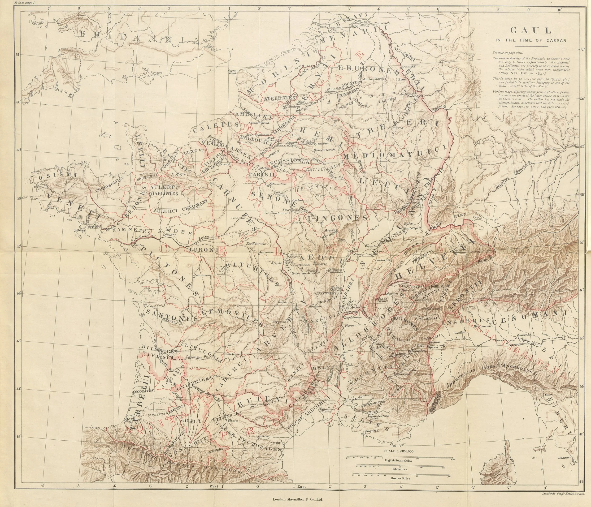 Historical map of Gaul during Caesar's time, showing the eastern frontier, provinces, tribes, cities, rivers, and mountain ranges, with annotations and a scale at the bottom.
