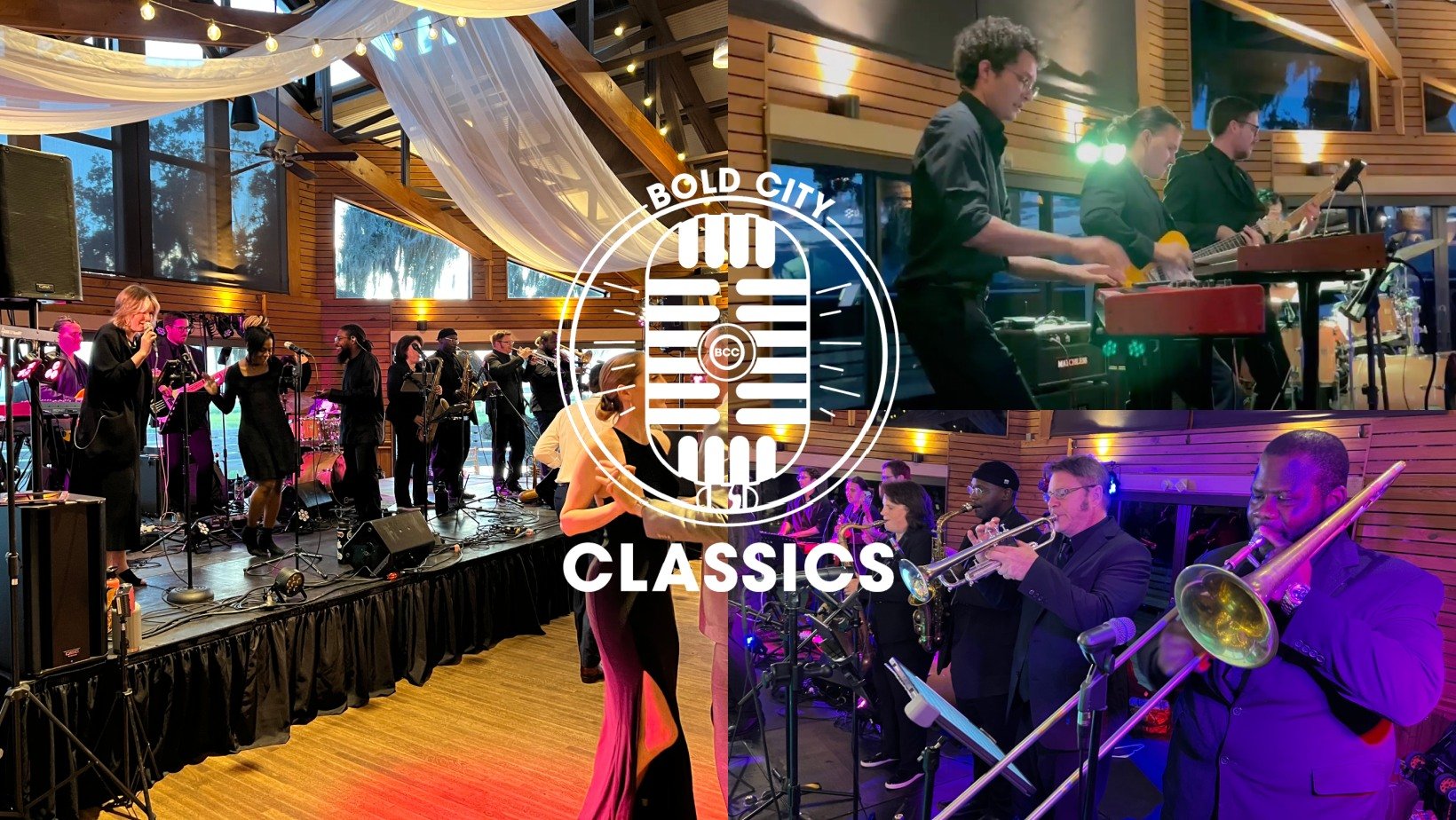 An indoor jazz and blues concert with multiple musical acts, including singers, saxophonists, keyboardists, guitarists, and a trombone player, in a warmly lit wooden venue with large windows and decorative drapery.