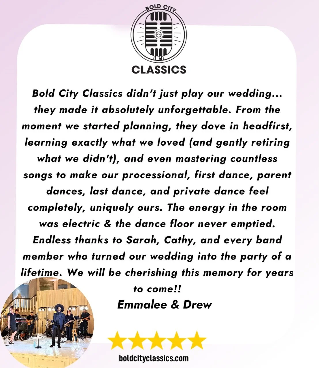 Thank you Emmalee and Drew and to ALL of our wedding couples!  We put our heart and soul into every performance and are so happy that it shows! 💕
Considering BCC for your event? Read all of our reviews on our website or on Google. www.boldcityclassi