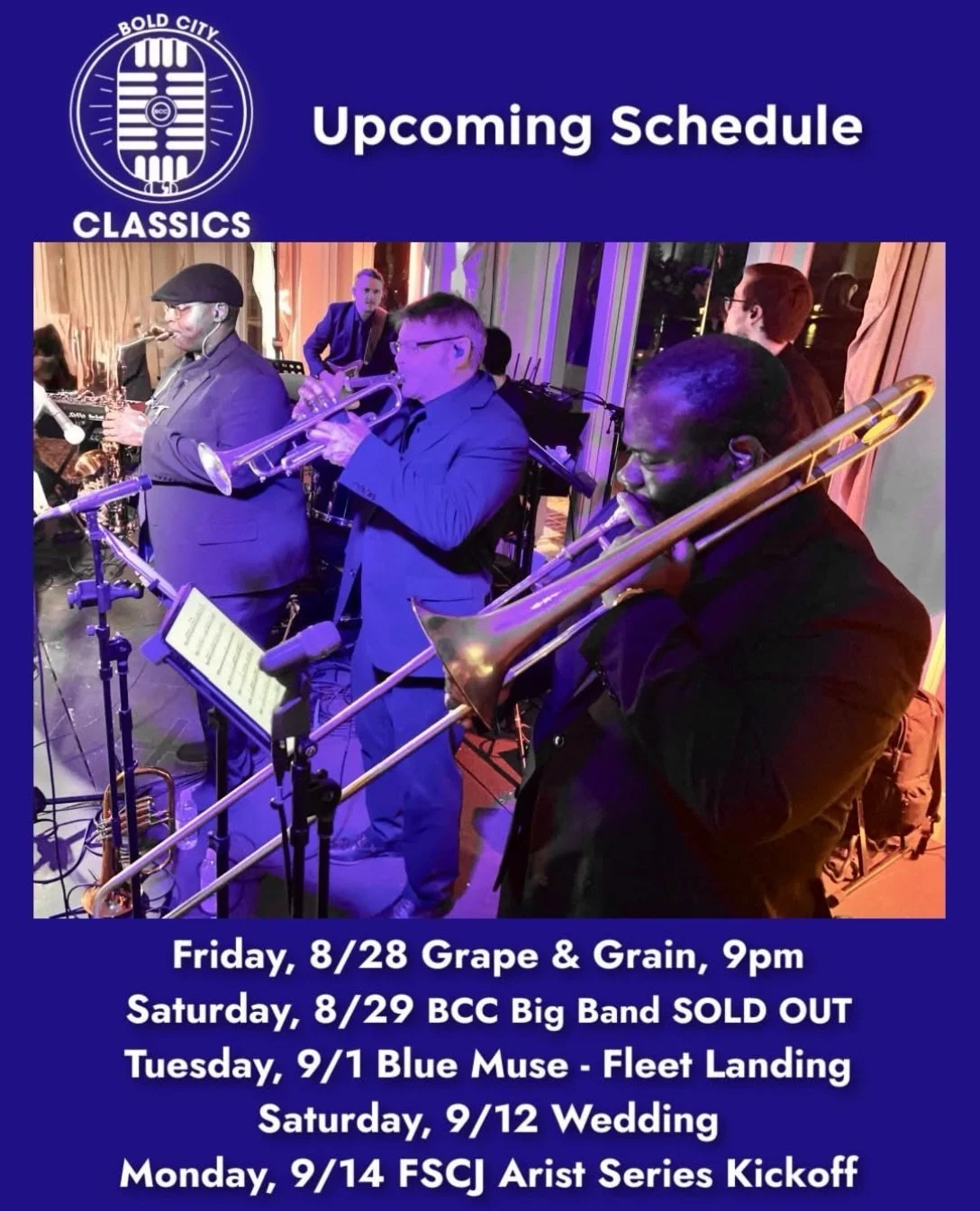 Coming up with BCC! 🎶 3 public performances!
Friday, 8/28 - featuring Paris 💜, Grape &amp; Grain Exchange, 9pm-midnight
Saturday, 8/29 - BCC Big Band featuring Paris, Linzy and Miriam 💕 at Queens Harbour (sold out)
Monday, 9/14 - featuring Linzy ?