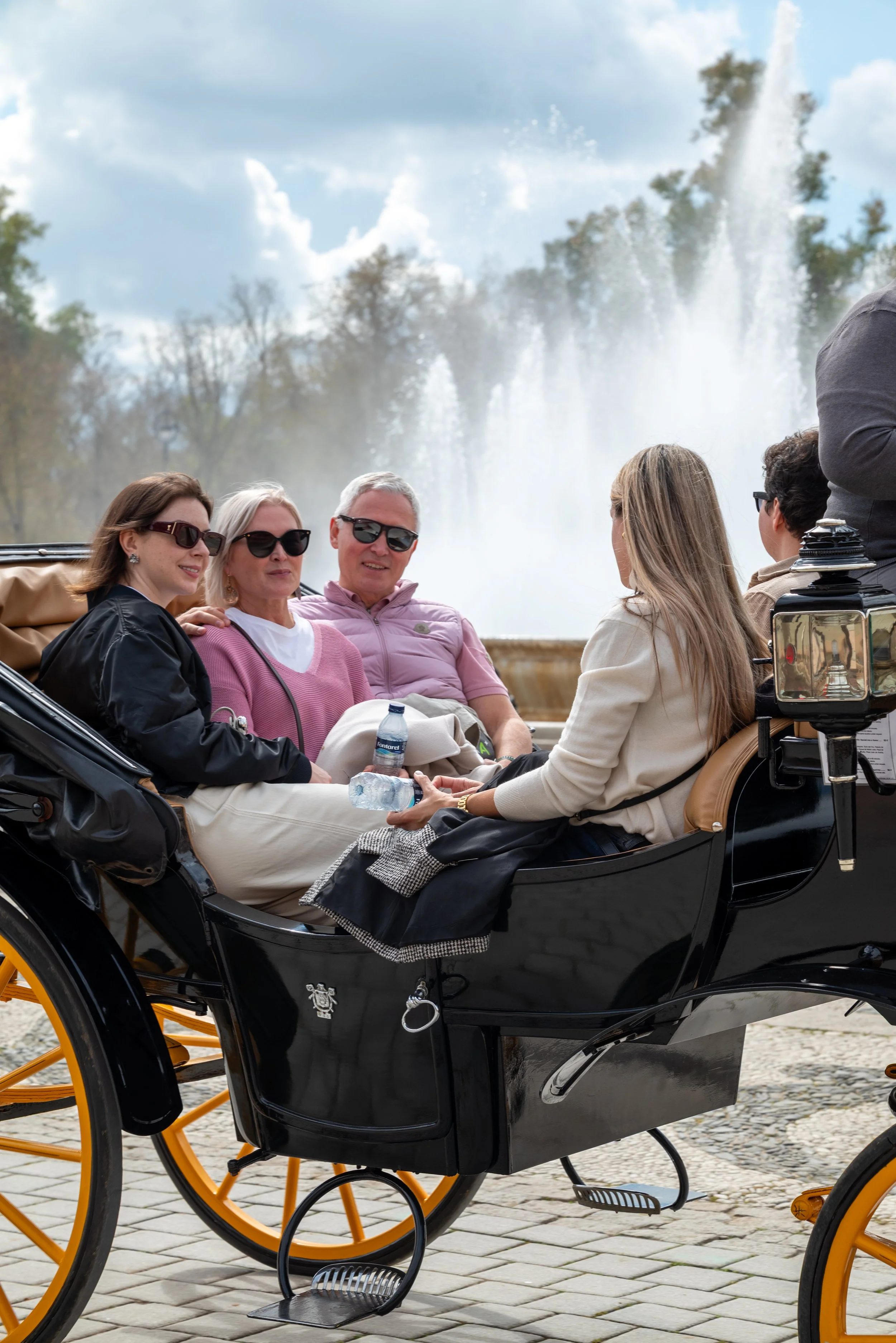 Four people riding in a horse-drawn carriage in front of a fountain with jets of water, surrounded by trees and cloudy sky.