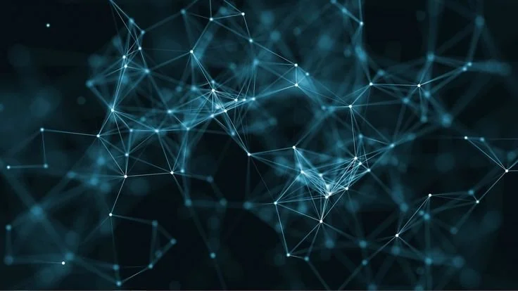 Digital network of interconnected glowing blue lines and dots on a dark background