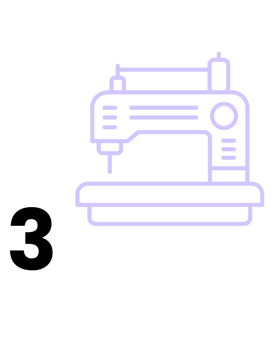 Number 3 accompanied by lilac icon of a sewing machine.