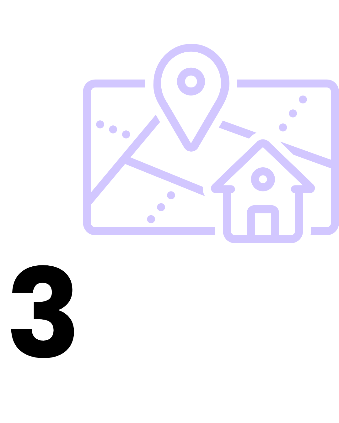 Number 3 accompanied by a map icon with house and map drop pin.