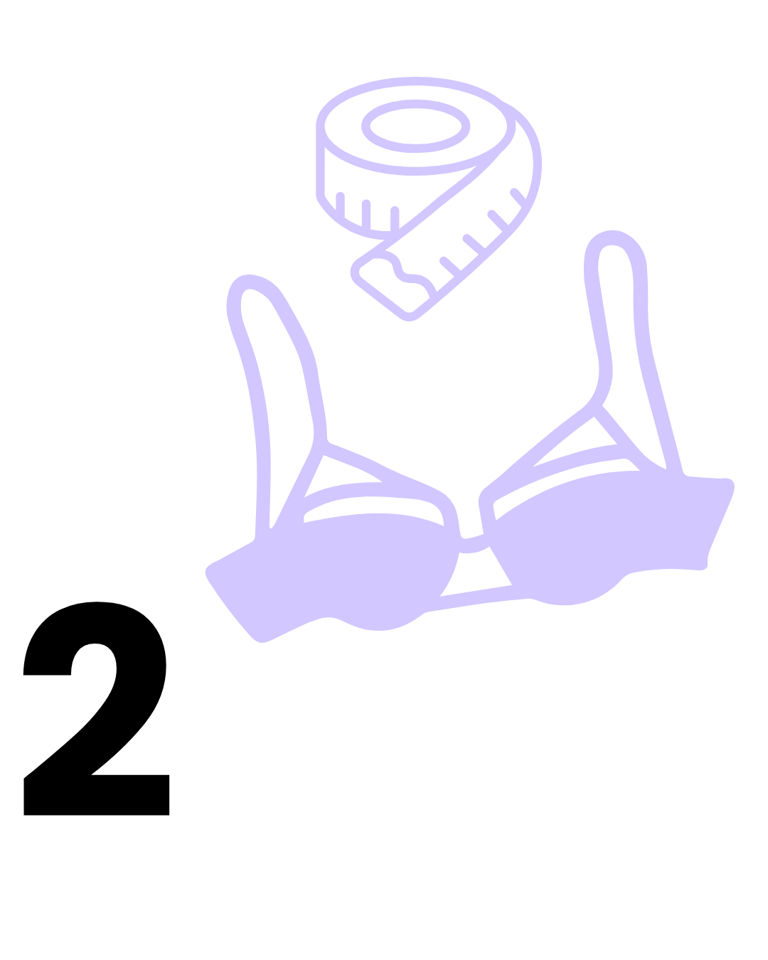 Number 2 accompanied by lilac icon of a bra and a measuring tape.