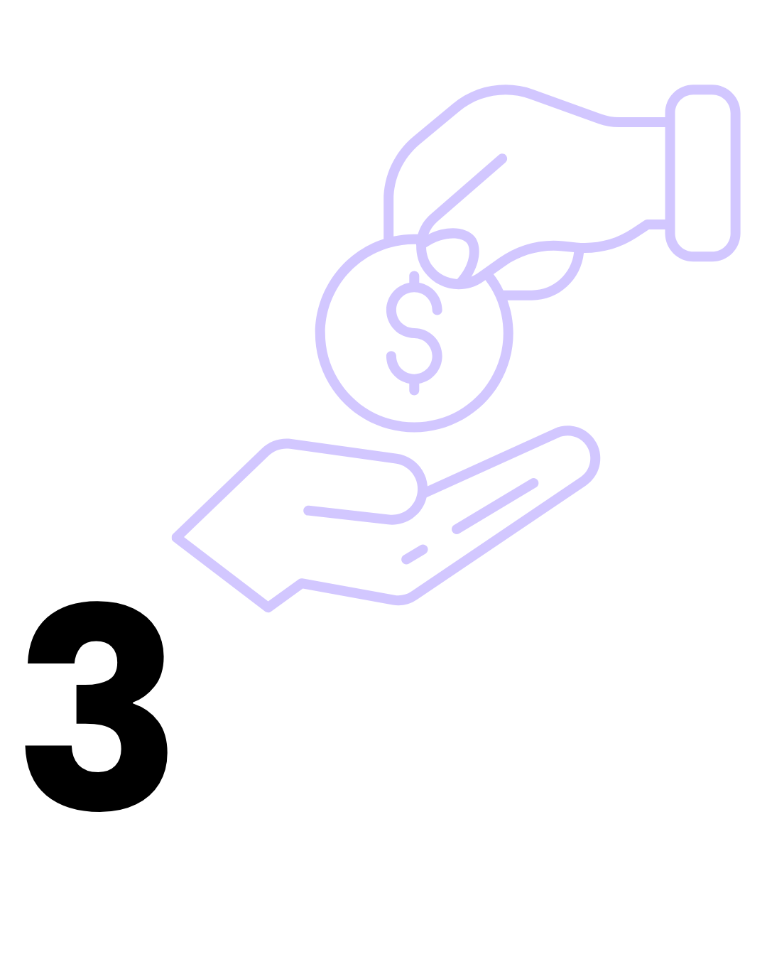 Number 3 accompanied by an icon of a hand passing a dollar coin to an open hand.