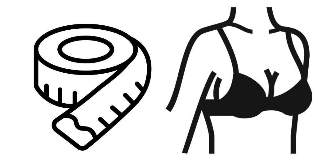 Image of two icons: a black outline of a measuring tape and black outline of a female body wearing a bra.