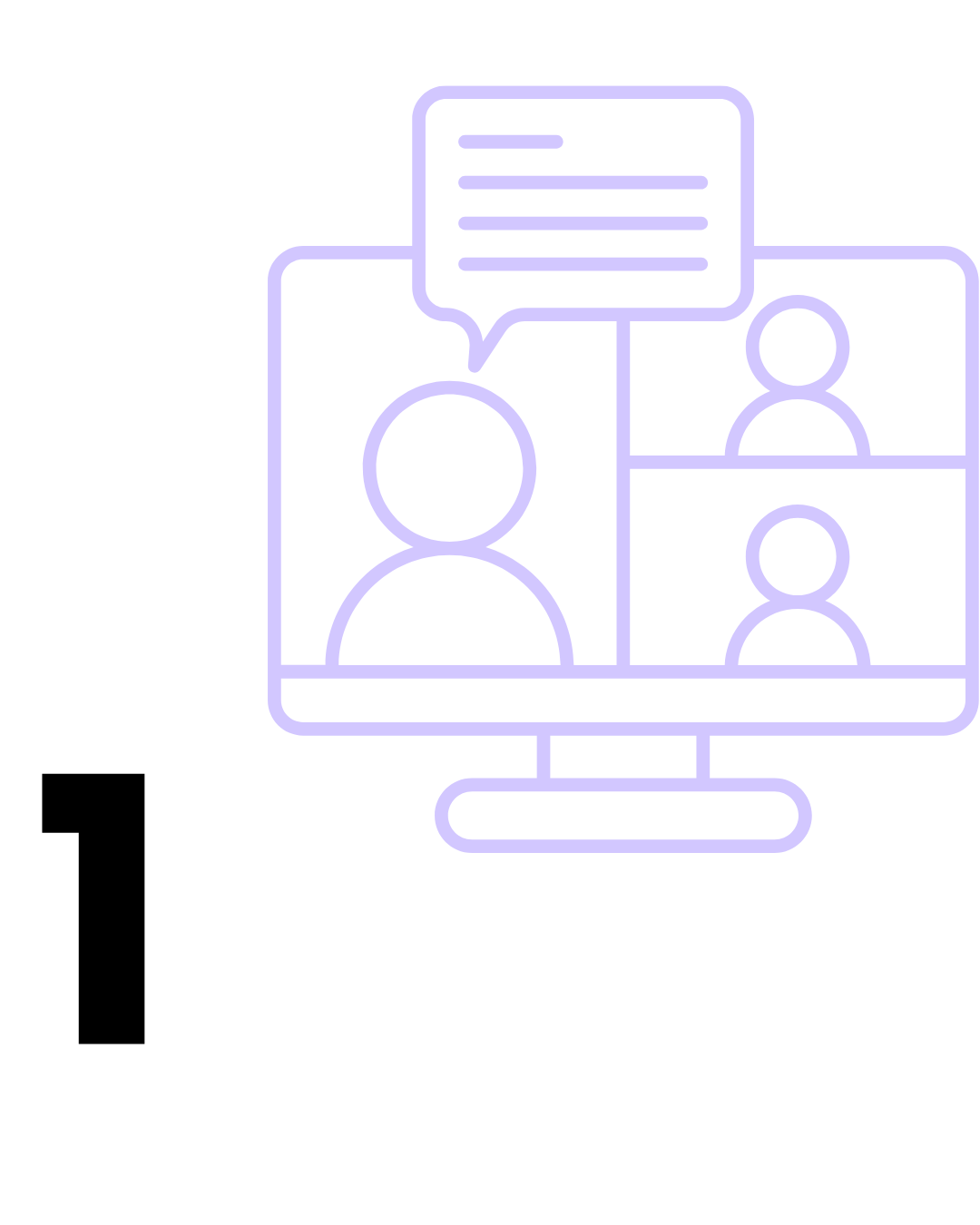 Number 1 accompanied by a lilac icon of a computer screen showing a video call.