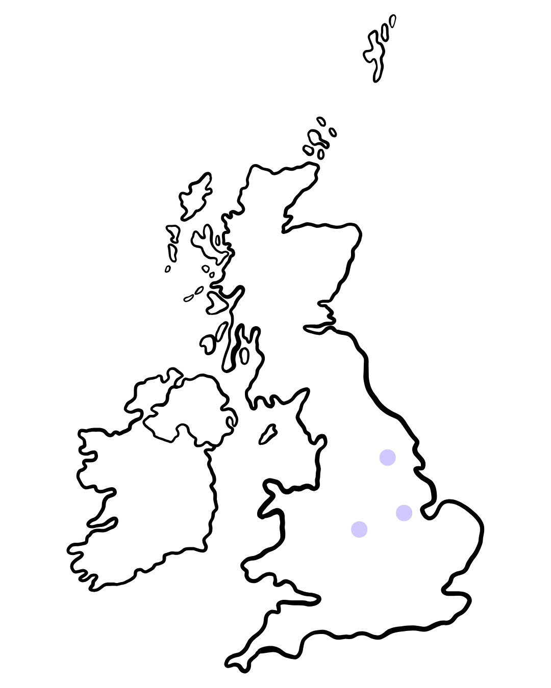 Map of the UK with our suppliers marked in lilac.