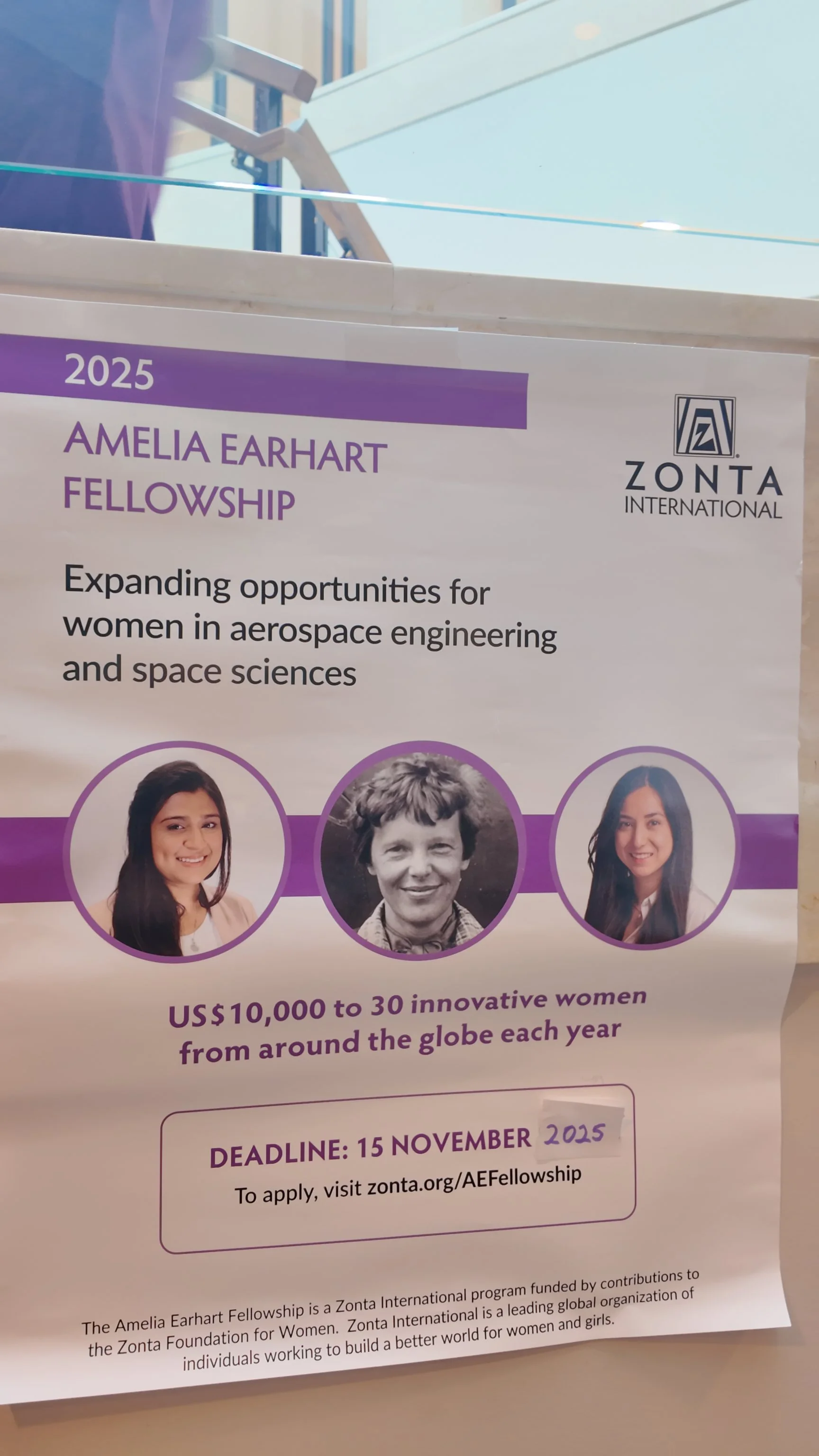 Poster for the 2025 Amelia Earhart Fellowship by Zonta International, promoting opportunities for women in aerospace engineering and space sciences, with photos of three women and deadline information.