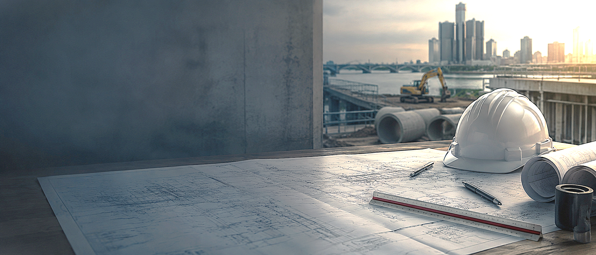 Architectural plans and a white construction helmet on a table at a construction site overlooking a city skyline with high-rise buildings and an excavator in the background.