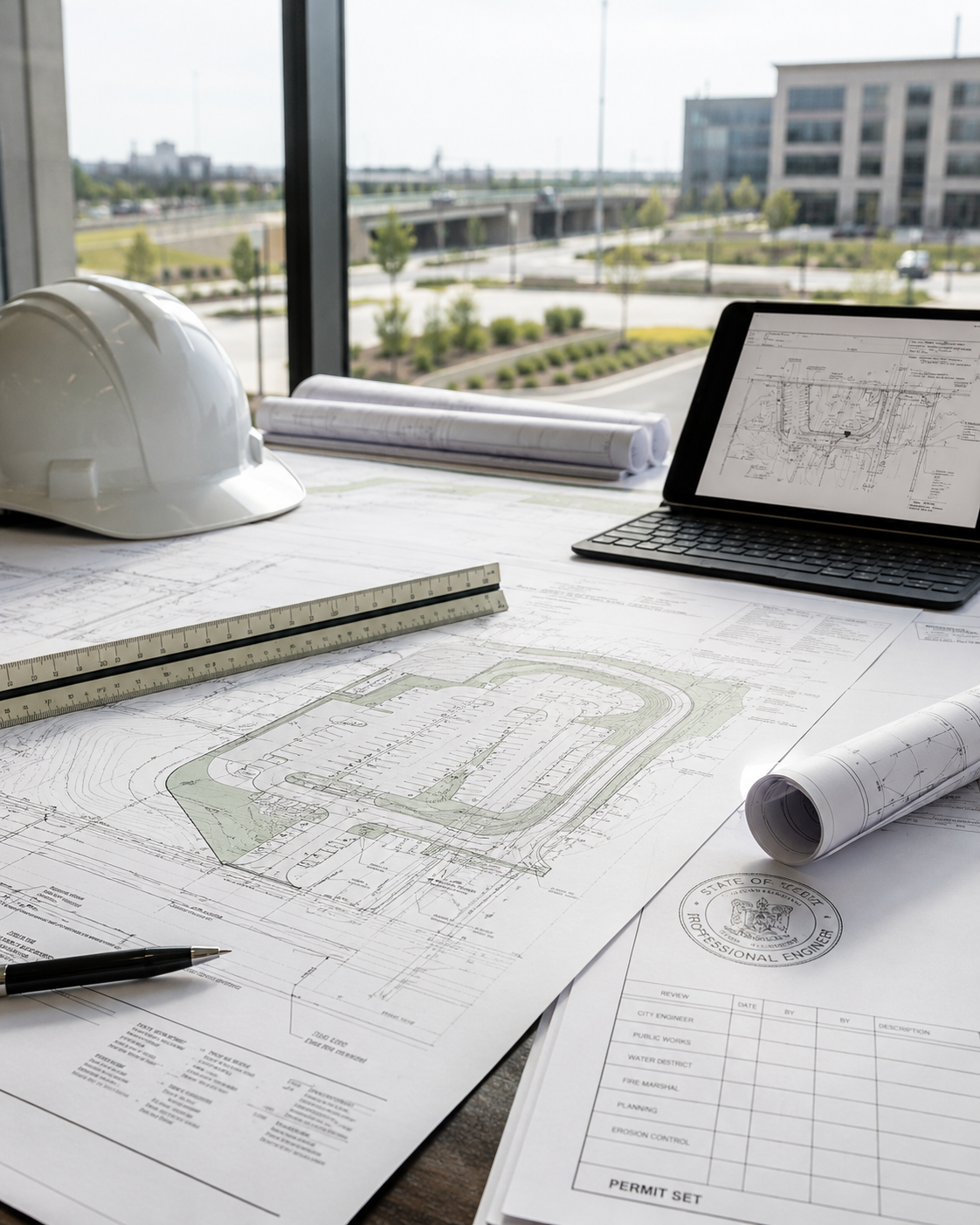 Architectural plans and a hard hat on a desk near a large window with a cityscape view.