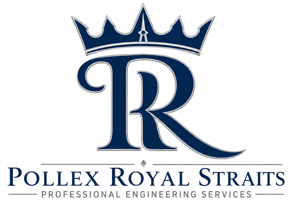 Logo for Pollex Royal Straits featuring a large navy blue letter R with a crown positioned above it and the text 'POLLEX ROYAL STRAITS' and 'PROFESSIONAL ENGINEERING SERVICES' below.