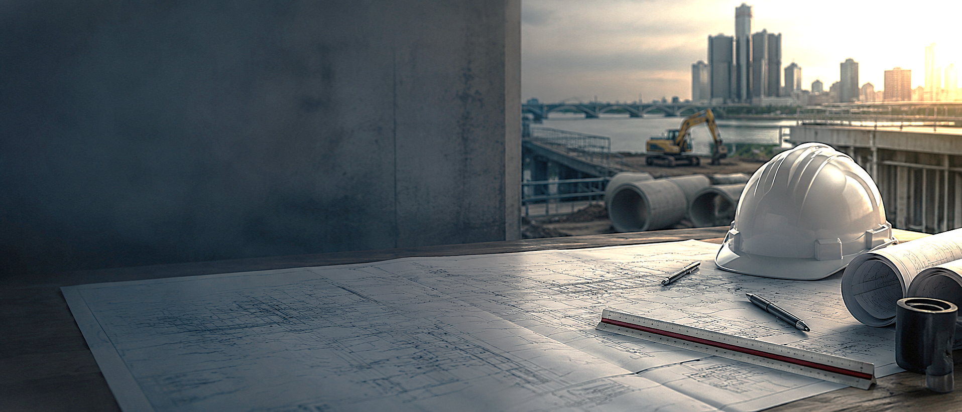 Construction blueprints on a desk with a white hard hat, pens, a ruler, and rolls of blueprints, overlooking a construction site with heavy machinery, large pipes, and a city skyline during sunset.