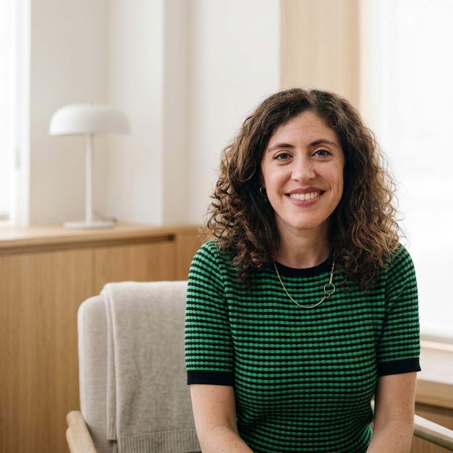 A woman with curly brown hair wearing a green and black striped shirt, sitting on a beige chair in a room with a wooden side table and a white lamp.