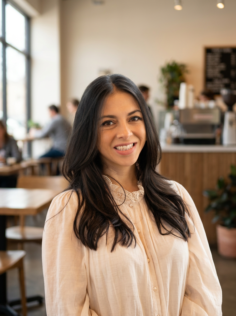 A young woman with long dark hair smiling inside a coffee shop or cafe.