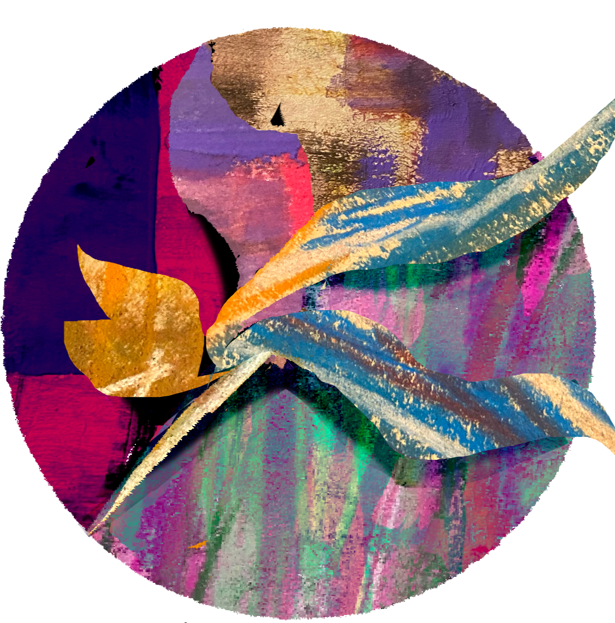 Abstract, colorful painting of a flower with layered petals in shades of purple, blue, green, yellow, and orange.