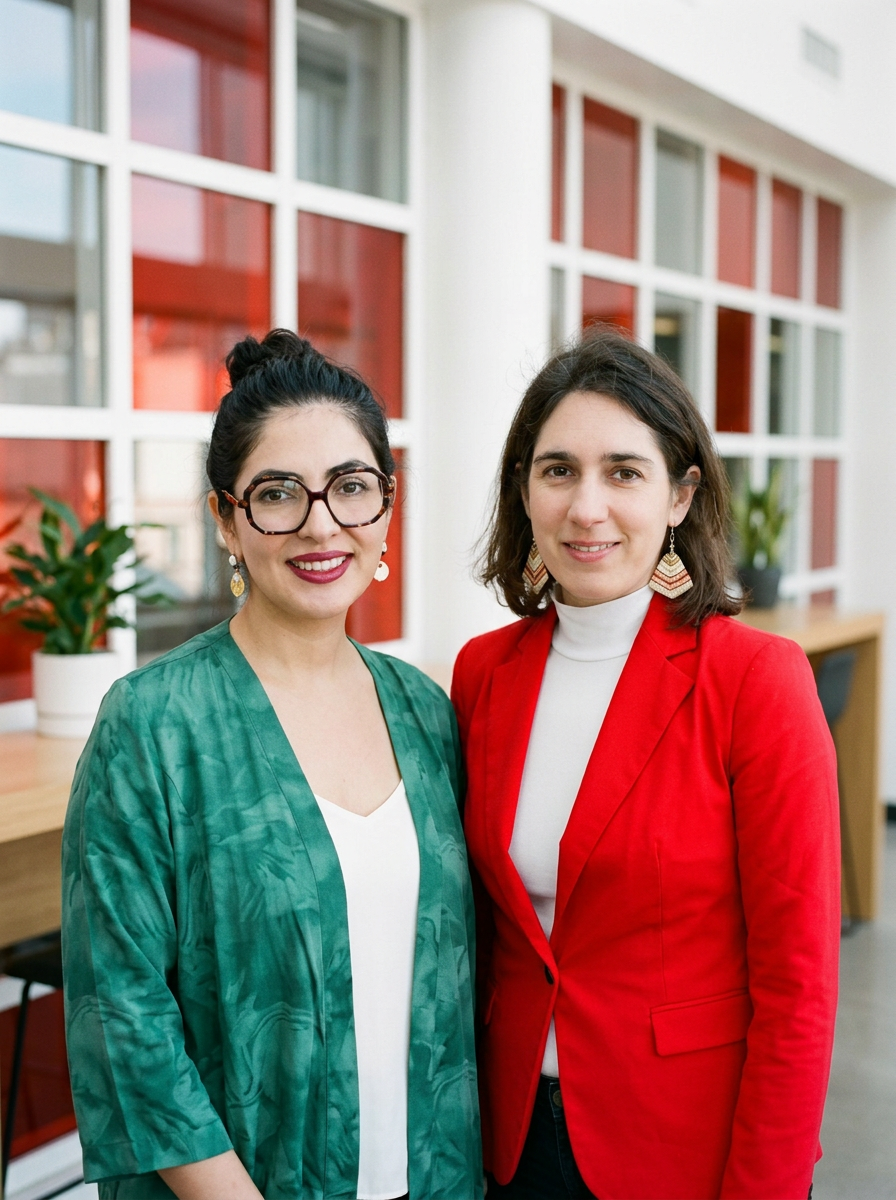 Two women standing indoors in front of a window with red accents. One woman has dark hair, wears glasses, a white top, and a green jacket. The other woman has shoulder-length brown hair, wears a white turtleneck and a red blazer.
