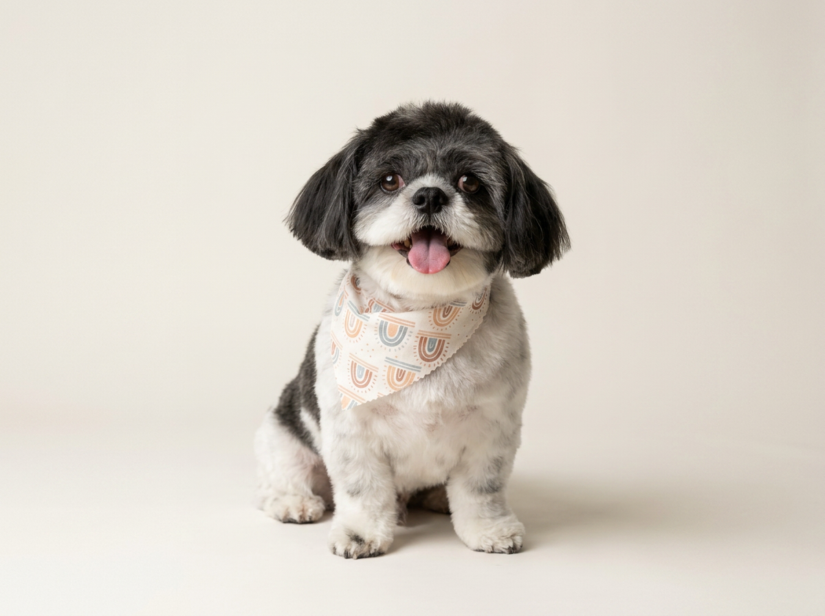Cute black and white dog wearing a patterned bandana, sitting on a plain white background.