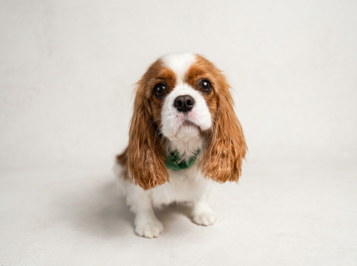 Close-up of a small dog with long, brown and white fur, looking directly at the camera against a plain white background.