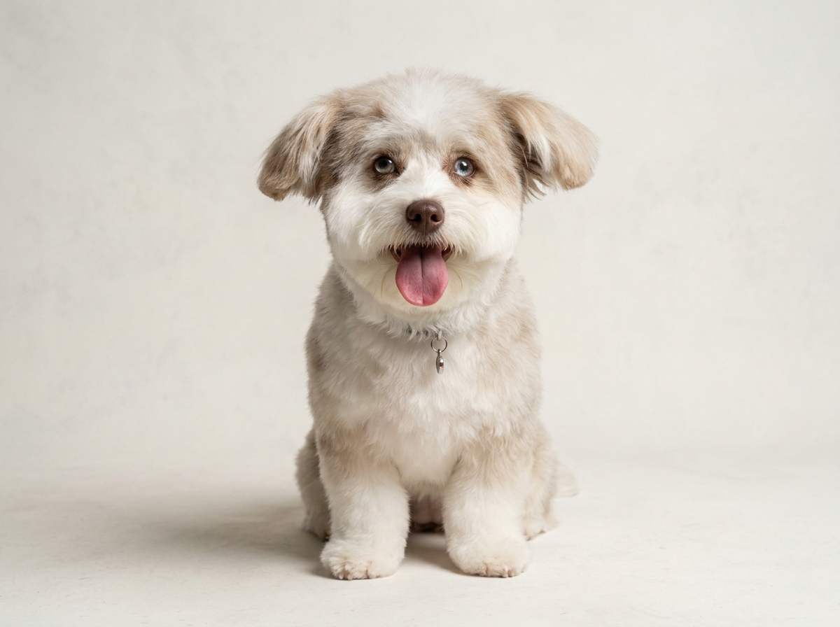 A cute mixed breed dog with fluffy white and light brown fur, sitting on a plain white background, looking at the camera with its tongue out.
