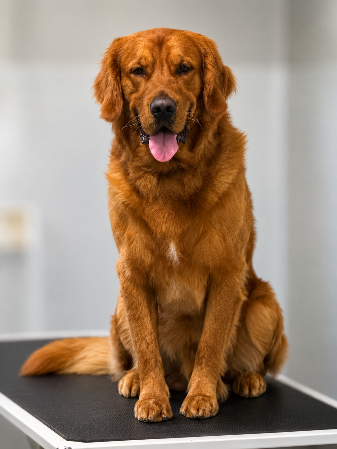 A golden retriever dog sitting on a grooming table with a gray wall background.