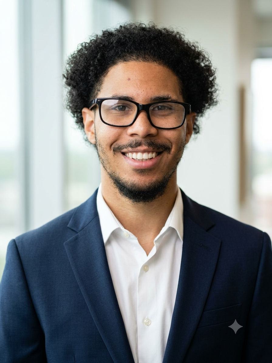 A young man with curly hair, glasses, and a beard smiling in an indoor setting, wearing a dark blue suit and a white shirt.