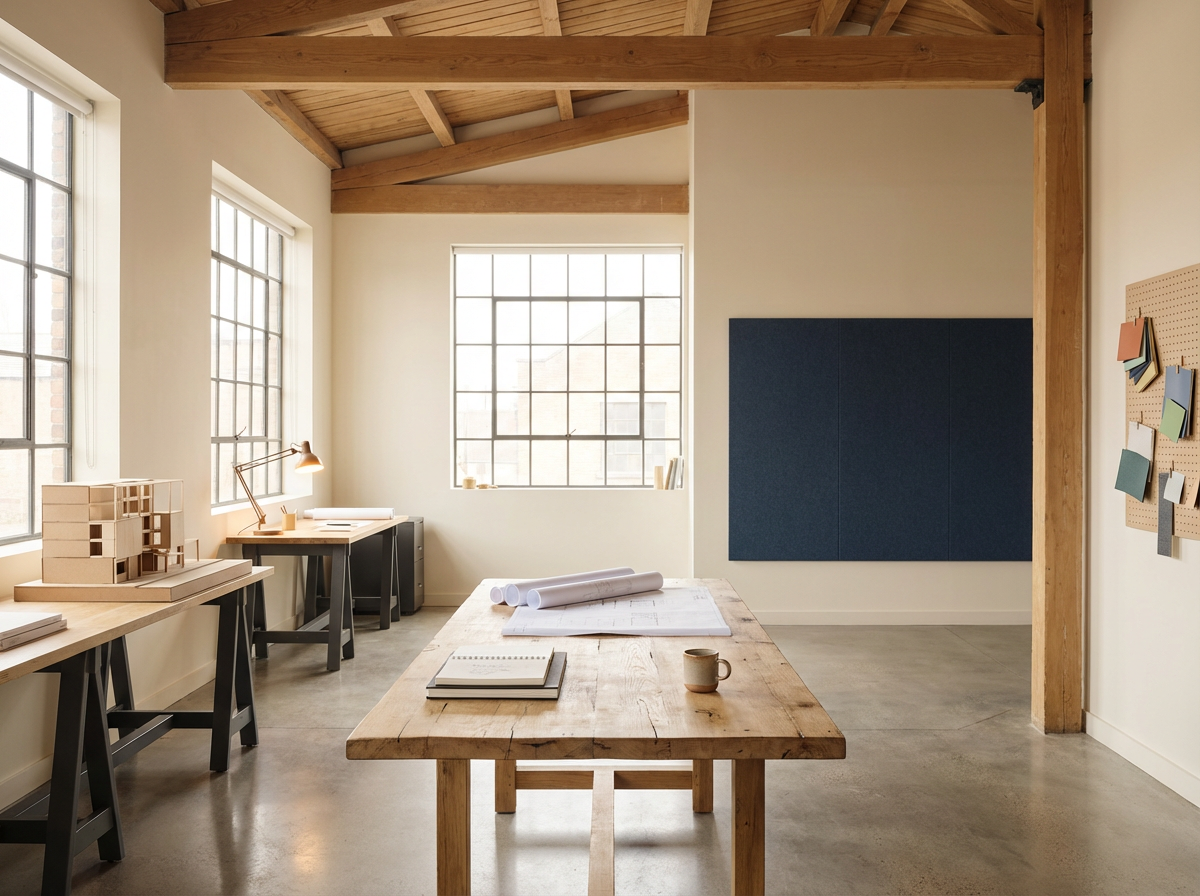 An airy, minimalist workspace with large windows, a wooden table with architectural plans, a mug, and rolled blueprints, two desks with a lamp and models, and a blue corkboard on the wall.