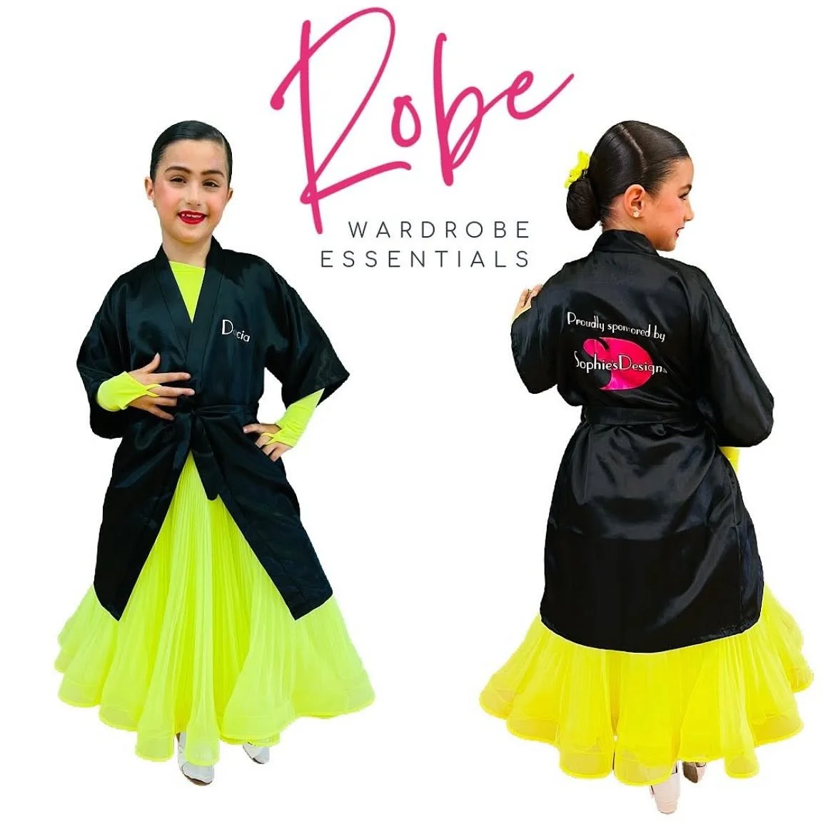 Two young girls modeling black robes over bright yellow dresses, with one girl facing forward and the other facing away, promoting robe wardrobe essentials.